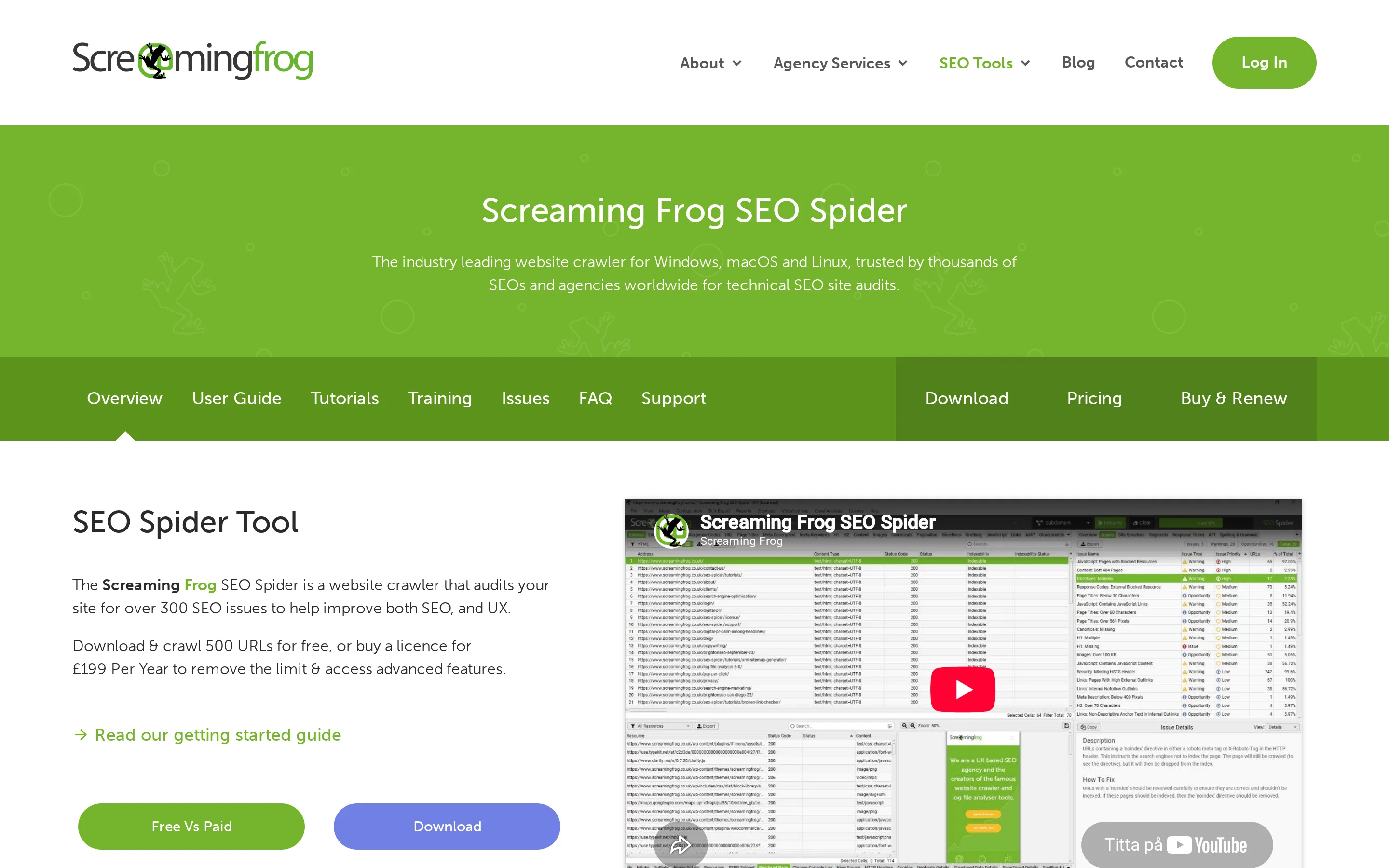 Screaming Frog SEO Spider interface for technical site crawling and issue diagnosis