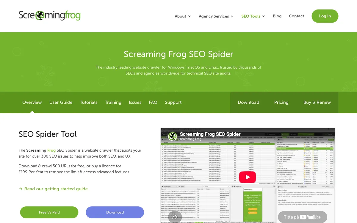 Screaming Frog SEO Spider desktop interface for local technical crawling