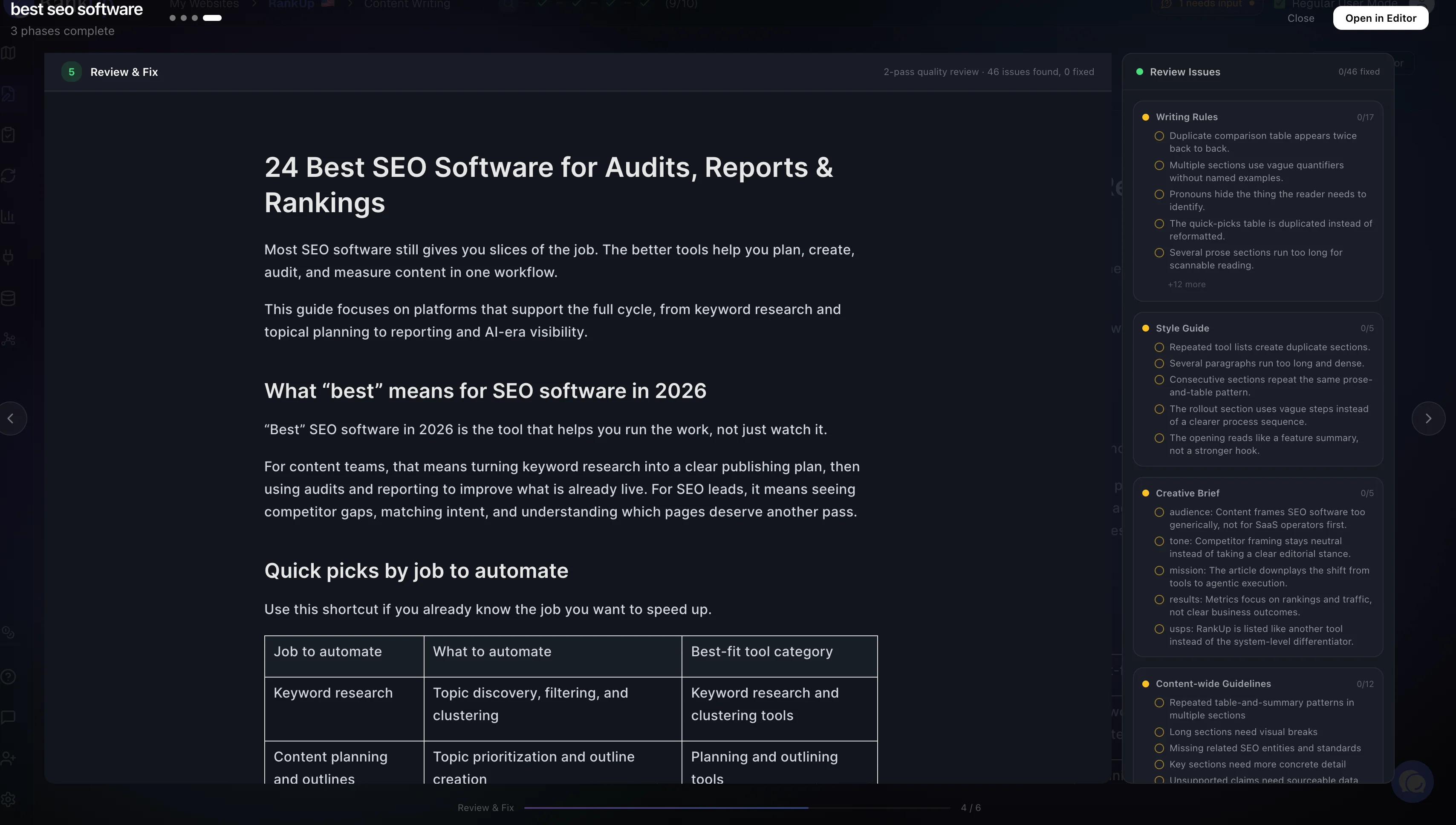 RankUp Review and Fix interface showing writing, style, brief, and content checks
