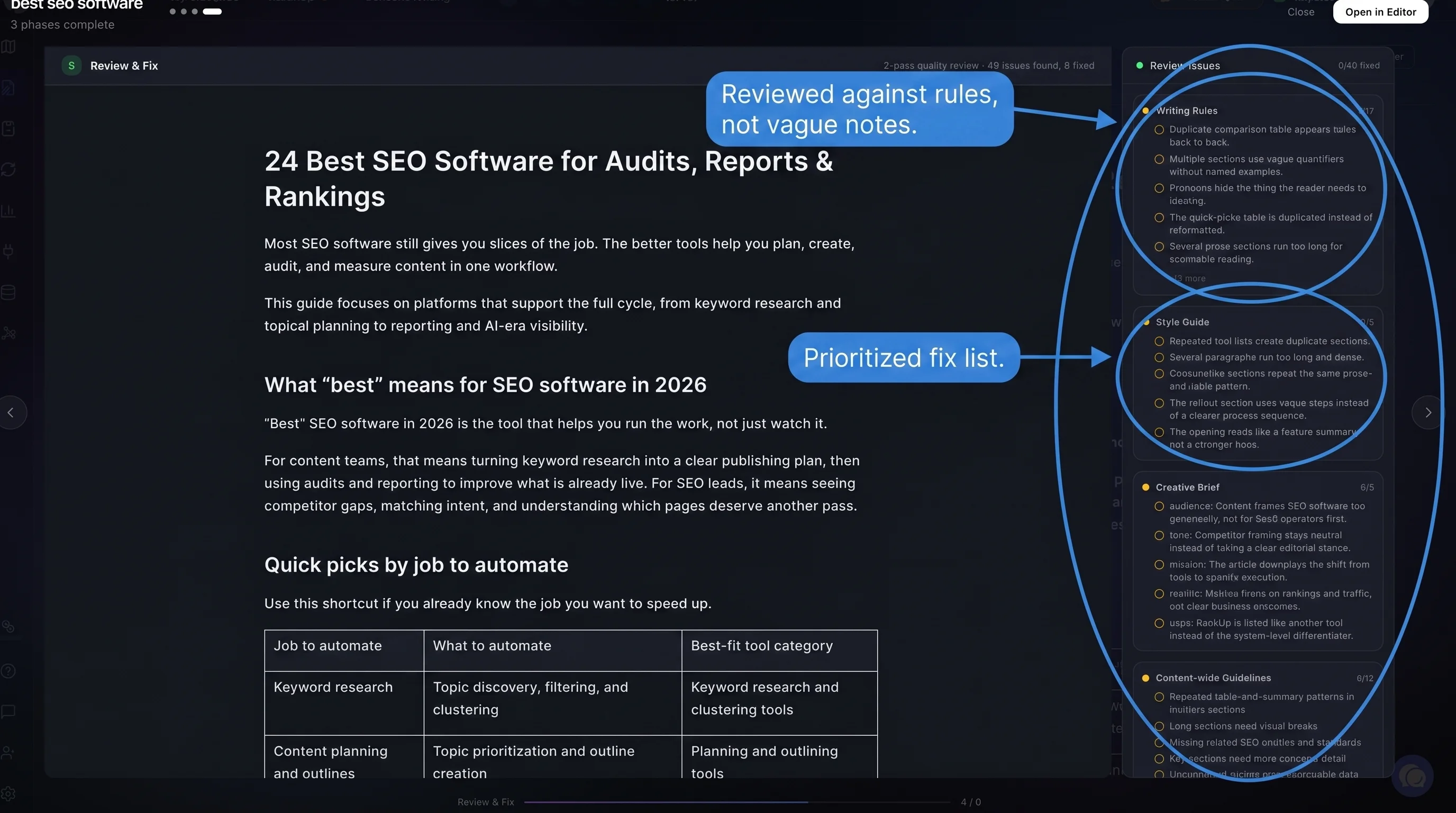 RankUp review and fix screen showing draft analysis and prioritized content edits