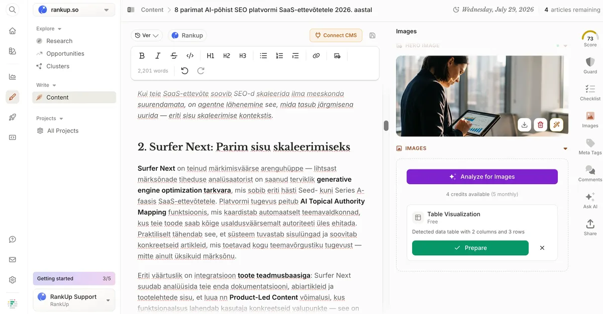 Frase Images sidebar proposing a Table Visualization based on the article text instead of generating the requested body image