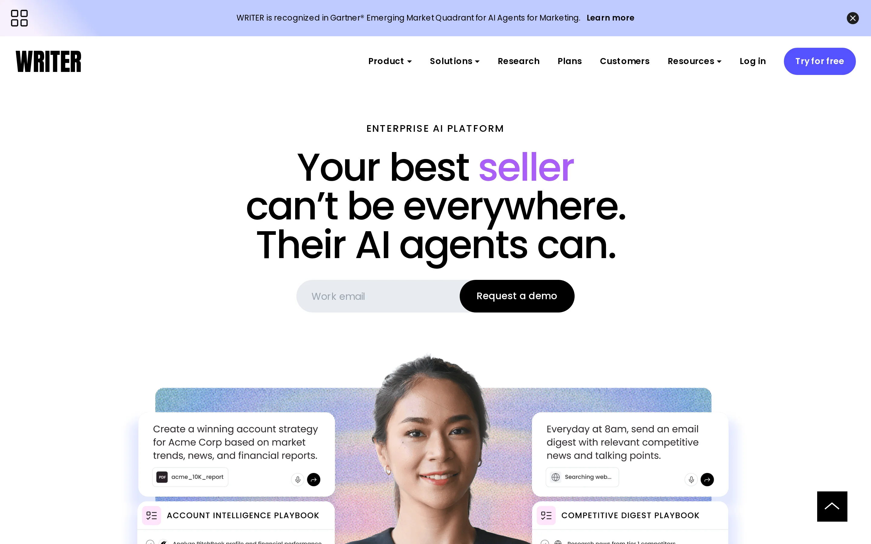 Writer.com homepage hero section showing the main headline, supporting copy, and primary call-to-action