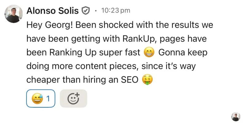 Alonso Solis testimonial about RankUp's SEO results and cost compared with hiring an SEO professional