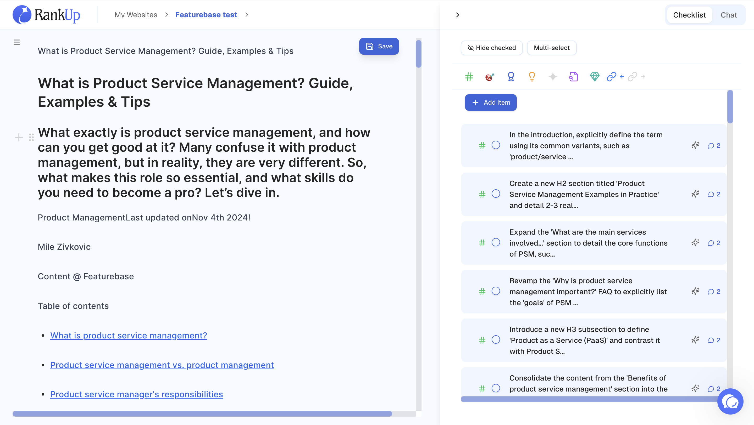 Update Brief Feature Screenshot showing content optimization recommendations