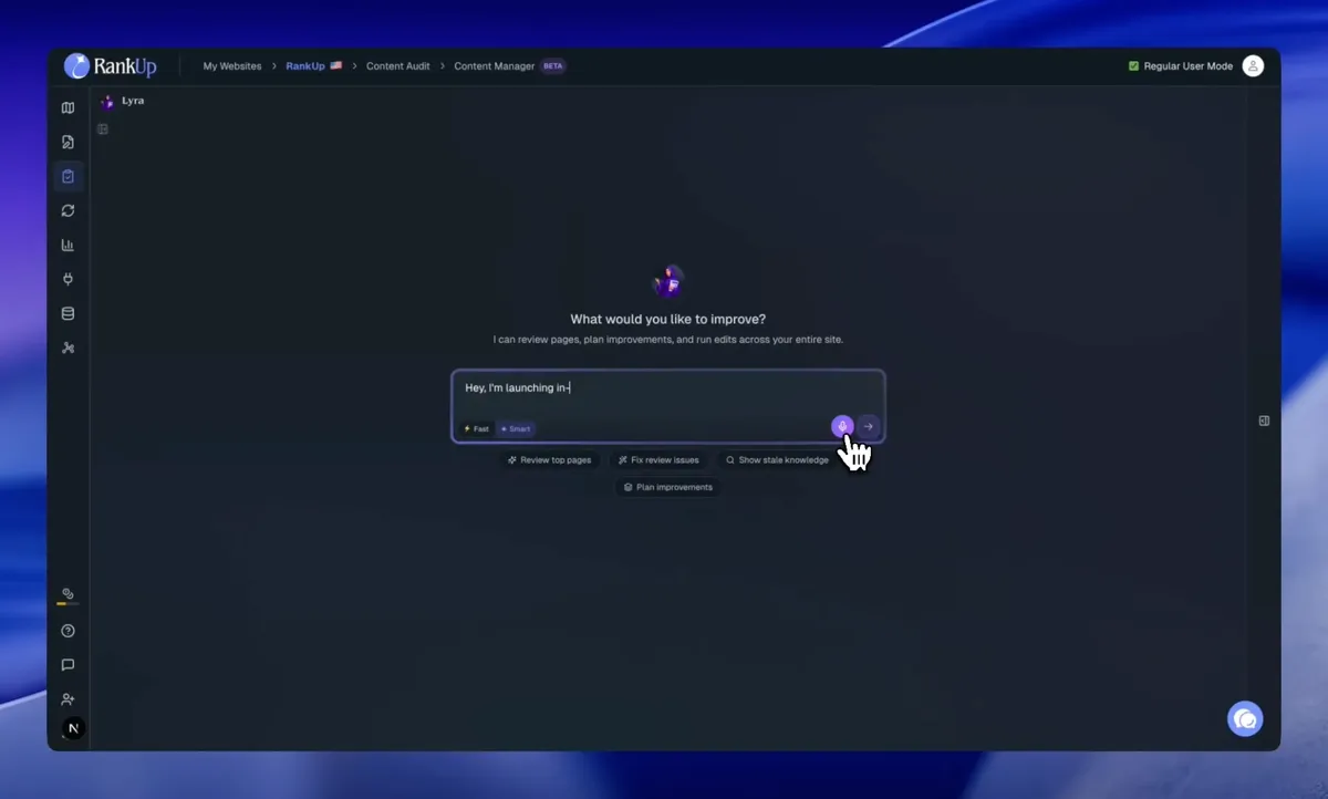 RankUp Content Manager interface for auditing, planning, and refreshing live content