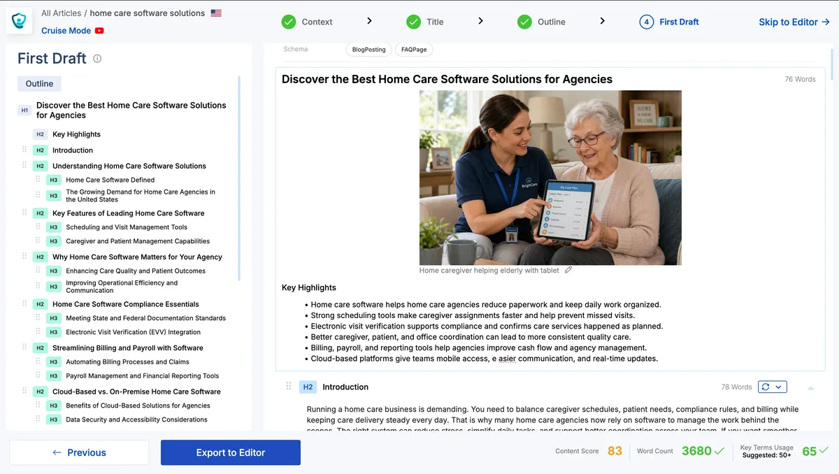 Scalenut first-draft screen for a home-care software article with outline and content score