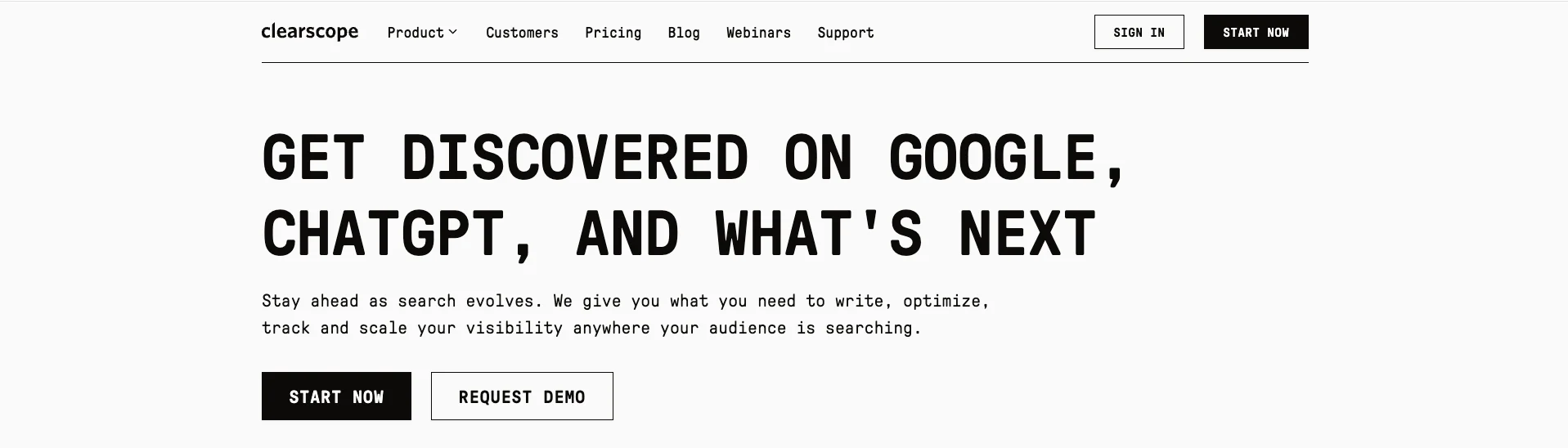 Clearscope homepage highlighting Google and ChatGPT content visibility Clearscope homepage highlighting Google and ChatGPT content visibility