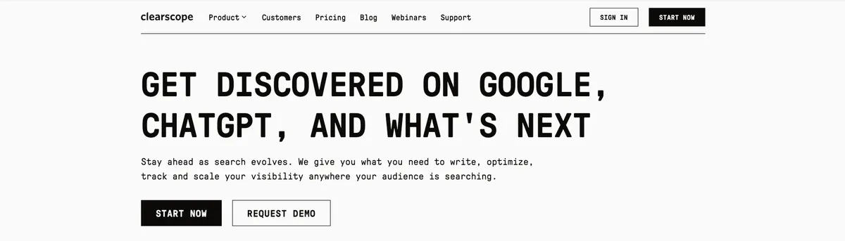 Clearscope homepage hero section with the tagline 'Get Discovered on Google, ChatGPT, and What's Next'