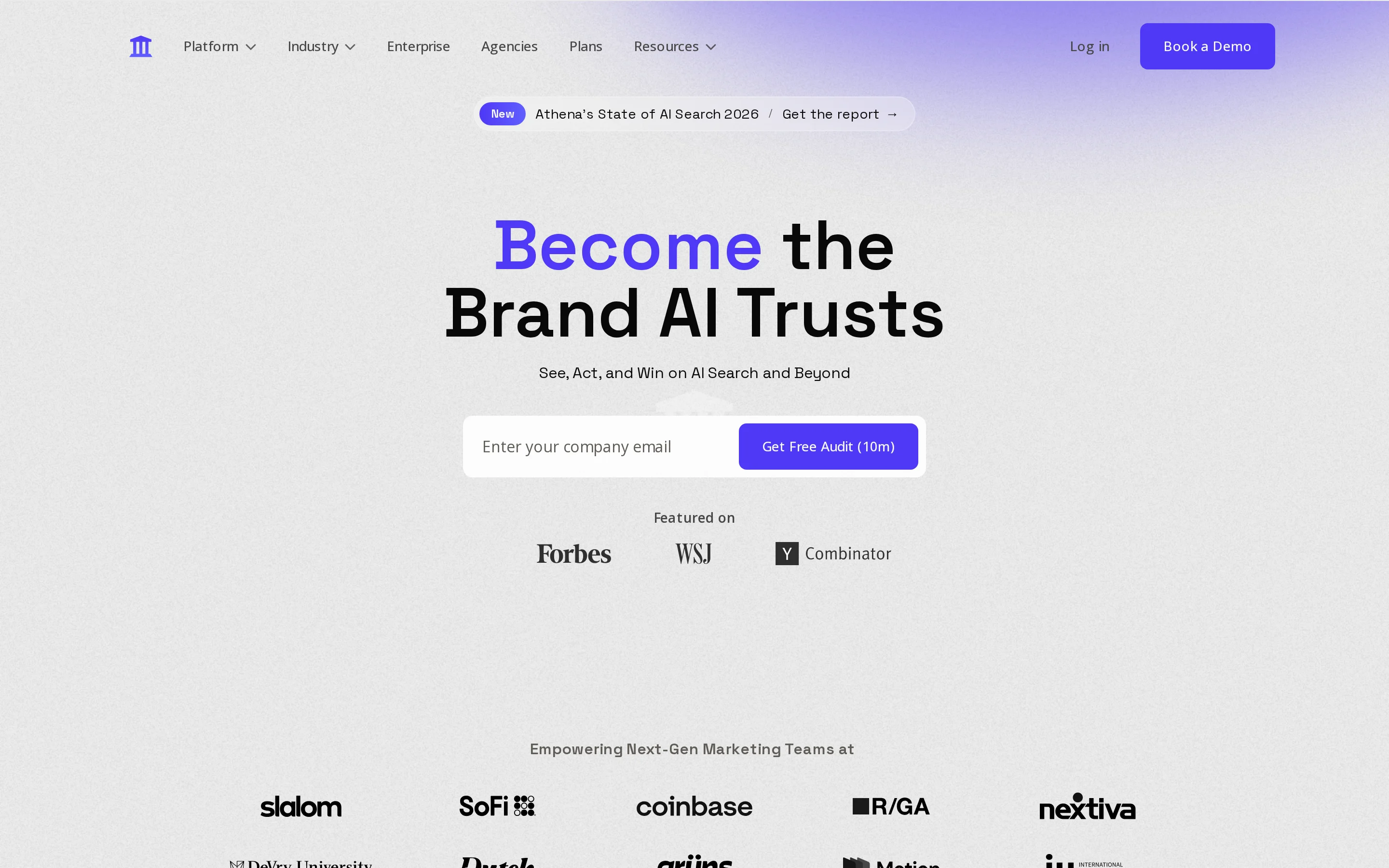 AthenaHQ homepage hero presenting its AI search visibility platform