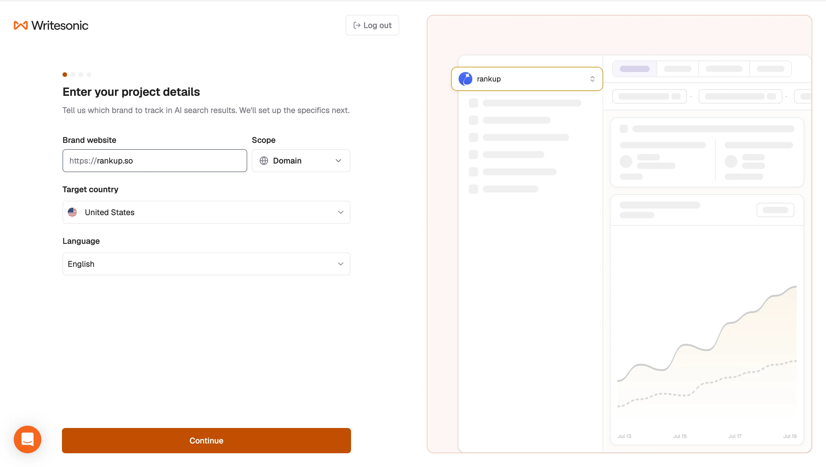 Writesonic AI visibility onboarding screen for entering a domain, target country, language, and tracking scope