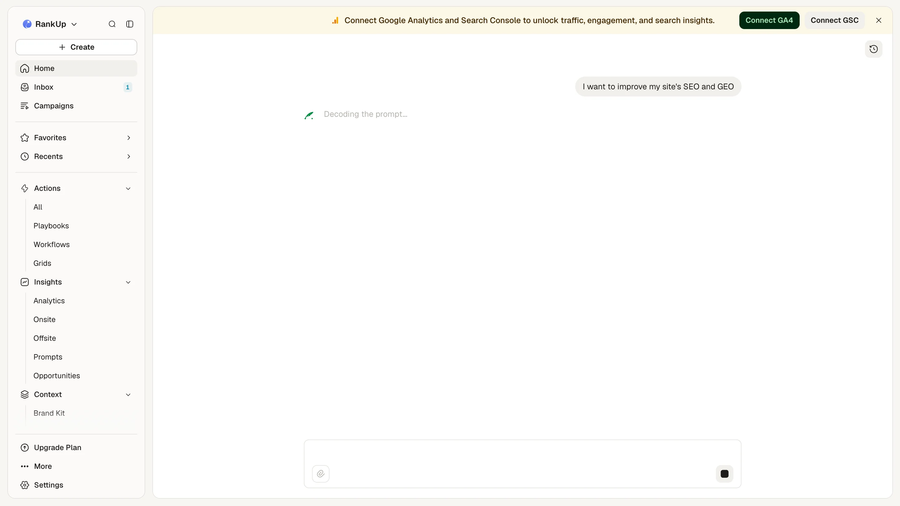 AirOps home dashboard with the Quill chat prompt open after an SEO and GEO request, showing no suggested next step