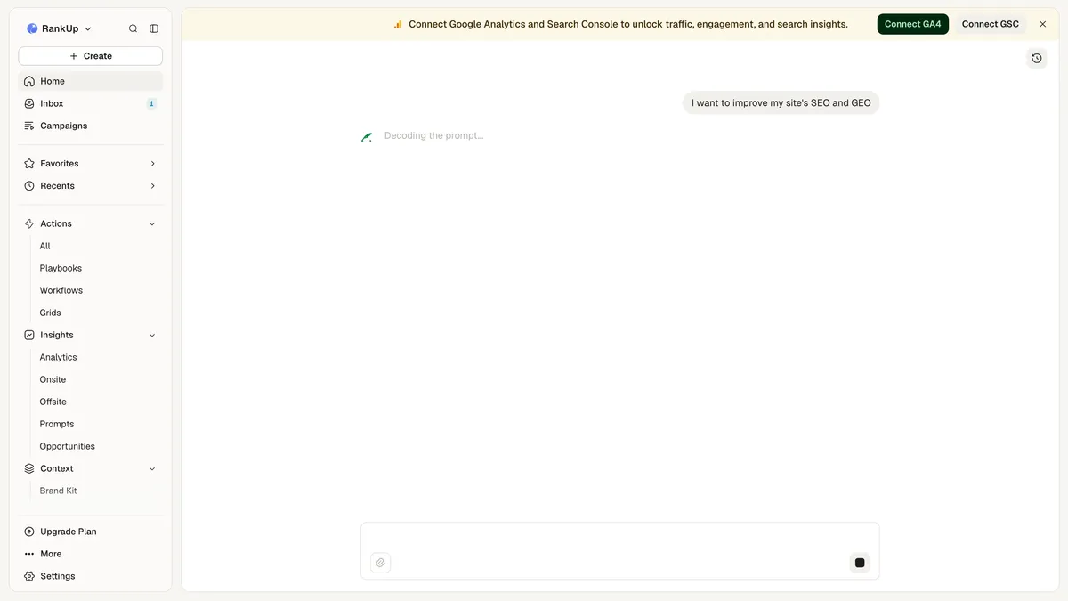 AirOps home dashboard with the Quill chat prompt open after an SEO and GEO request, showing no suggested next step