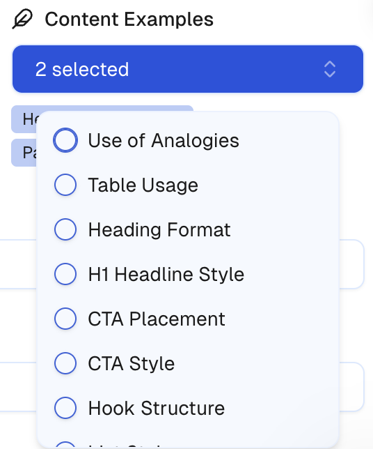 Content Examples feature interface showing fresh, context-matched snippets from best content and competitors