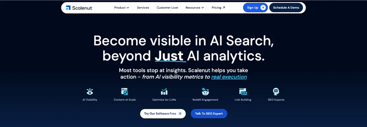 Scalenut homepage positioning around AI search visibility and execution