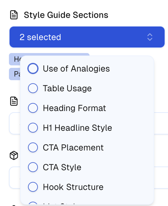 Style Guides feature interface showing tone, formatting, and structure guidelines for AI writing