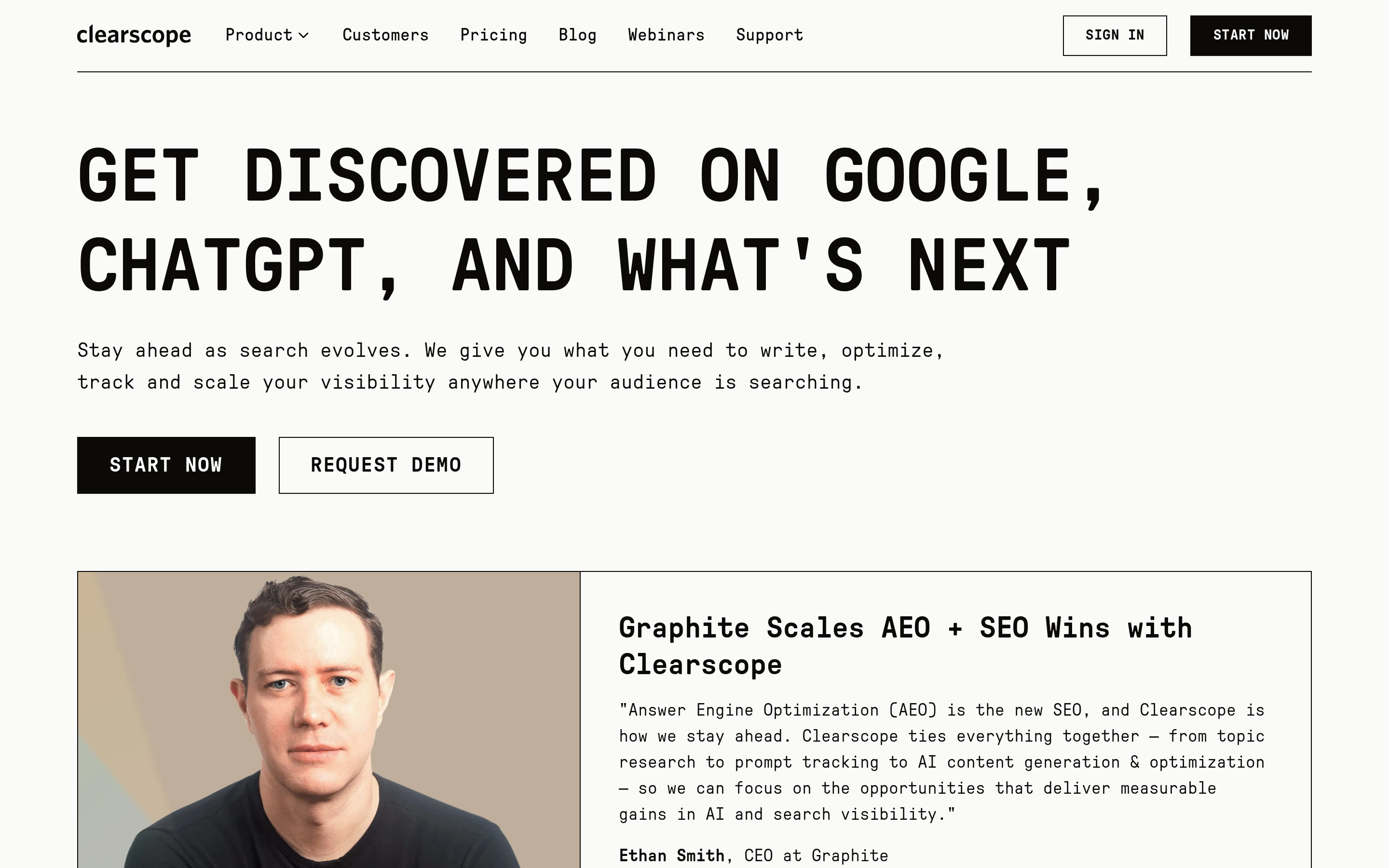 Clearscope homepage hero highlighting cross-platform search optimization on Google and ChatGPT