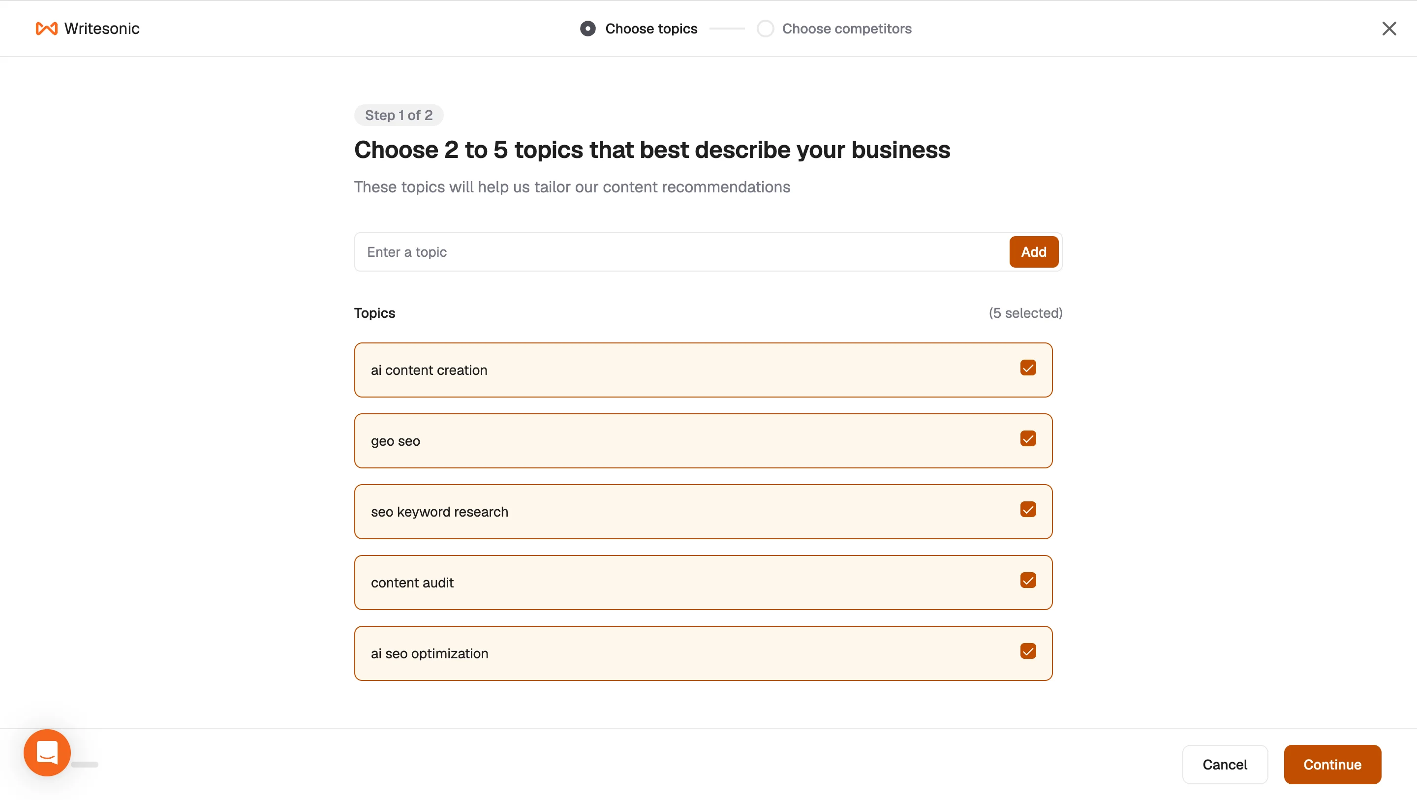 Writesonic content strategy setup asking for two to five business topics