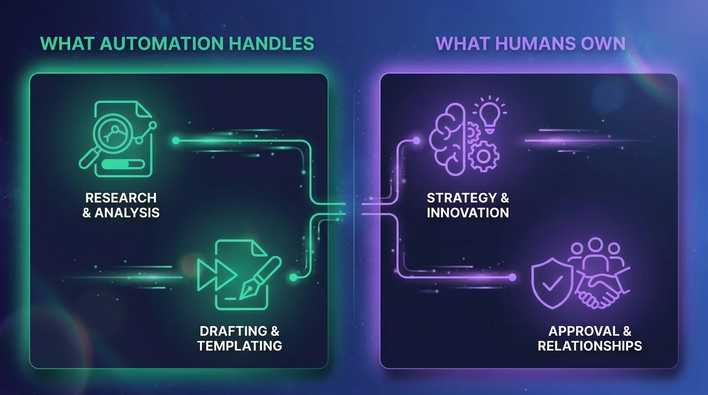 Comparison infographic showing what automation handles versus what humans own in the SEO workflow, styled in RankUp dark m...