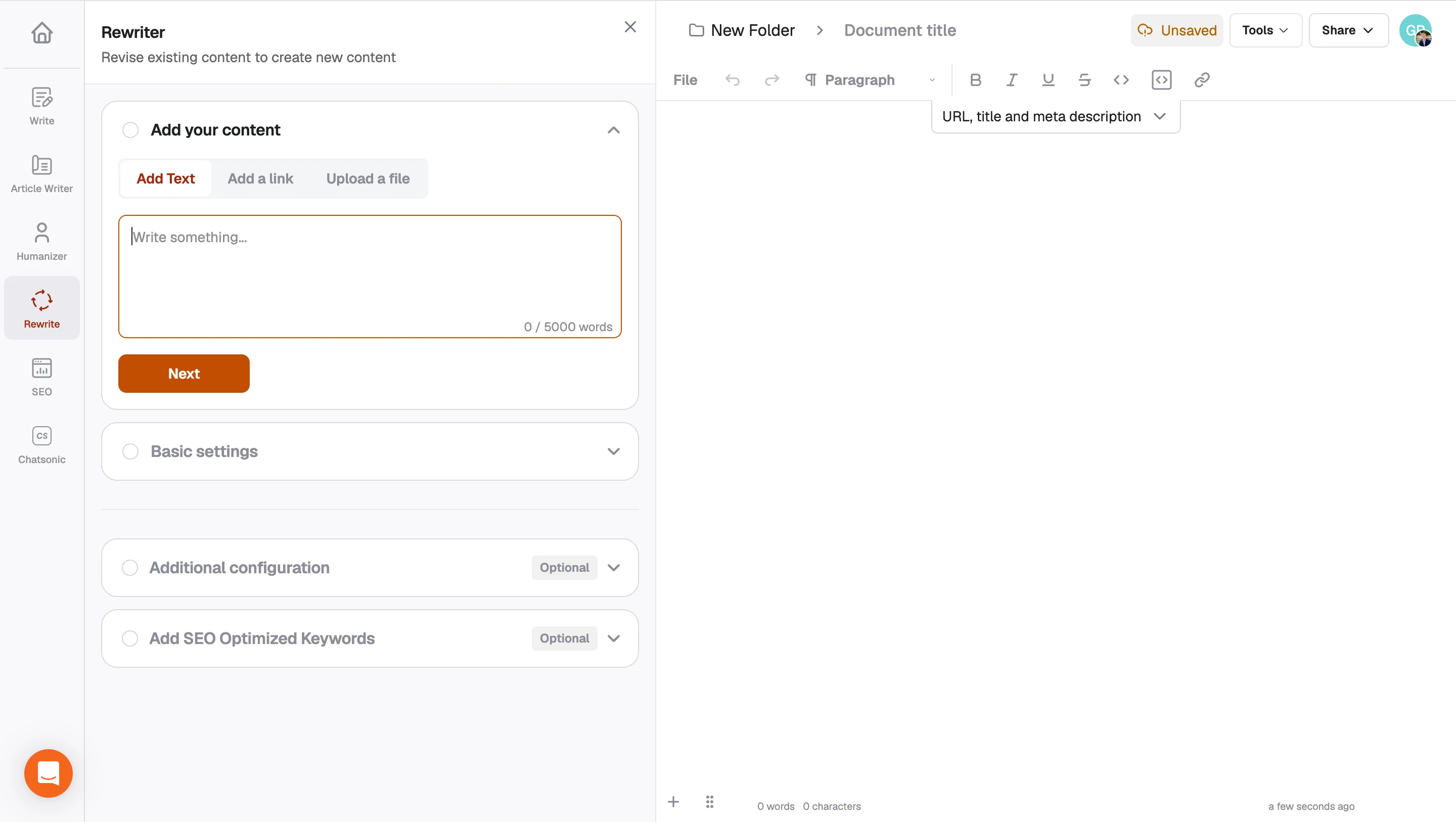 Writesonic Rewriter interface with content input options, settings, and a rich-text editor