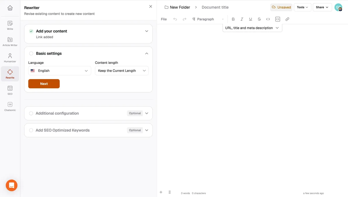 Writesonic Content Rewriter settings for output language and content length
