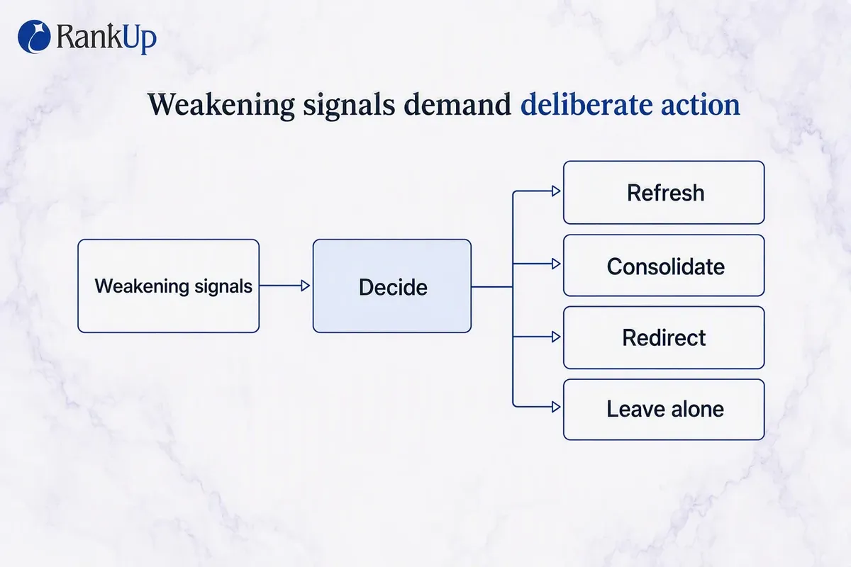 Decision fan showing weakening page signals entering a decision node with four outcomes — refresh, consolidate, redirect,...