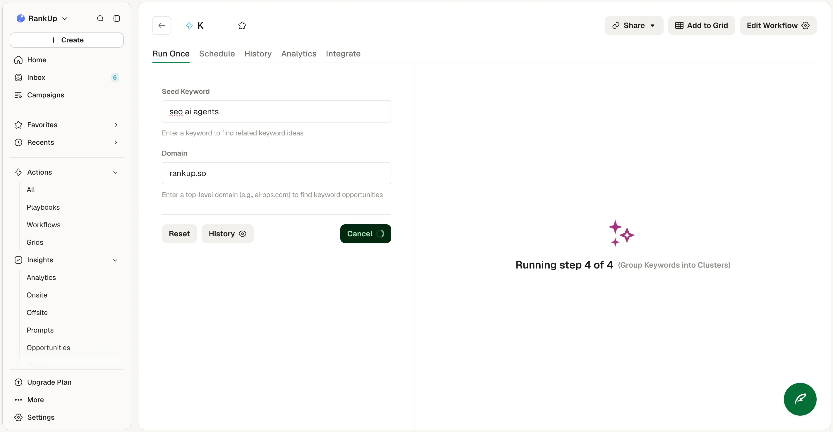 AirOps workflow running and reporting step 4 of 4, grouping keywords into clusters
