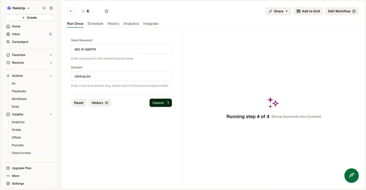 AirOps workflow running and reporting step 4 of 4, grouping keywords into clusters
