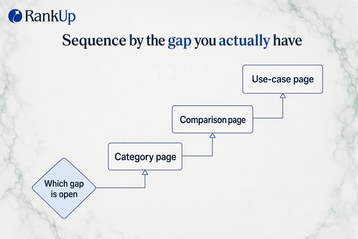 Ascending three-step priority ladder of category, comparison and use-case pages entered through a gate asking which covera...