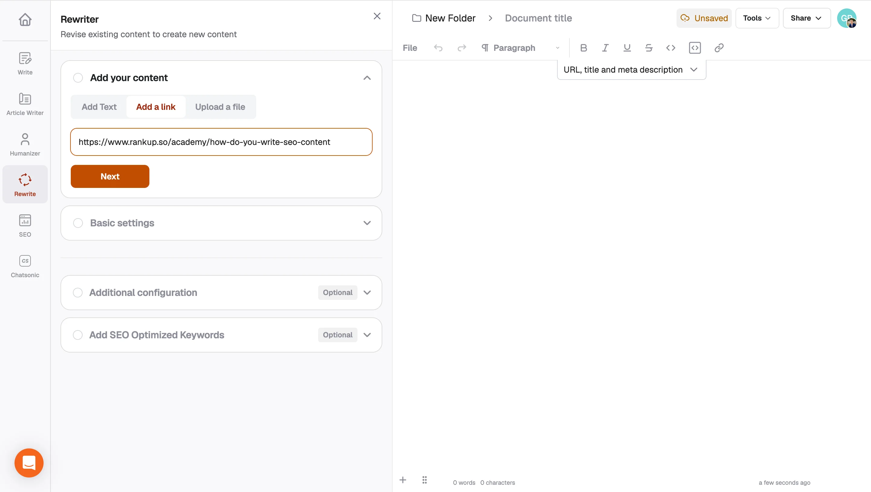 Writesonic Content Rewriter with a source URL entered for rewriting