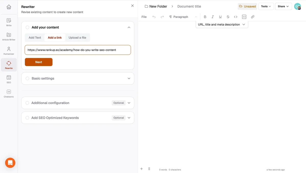 Writesonic Content Rewriter with a source URL entered for rewriting