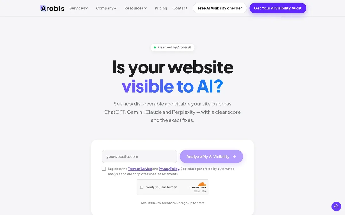 Arobis AI Visibility Checker hero with website analysis form and AI visibility headline