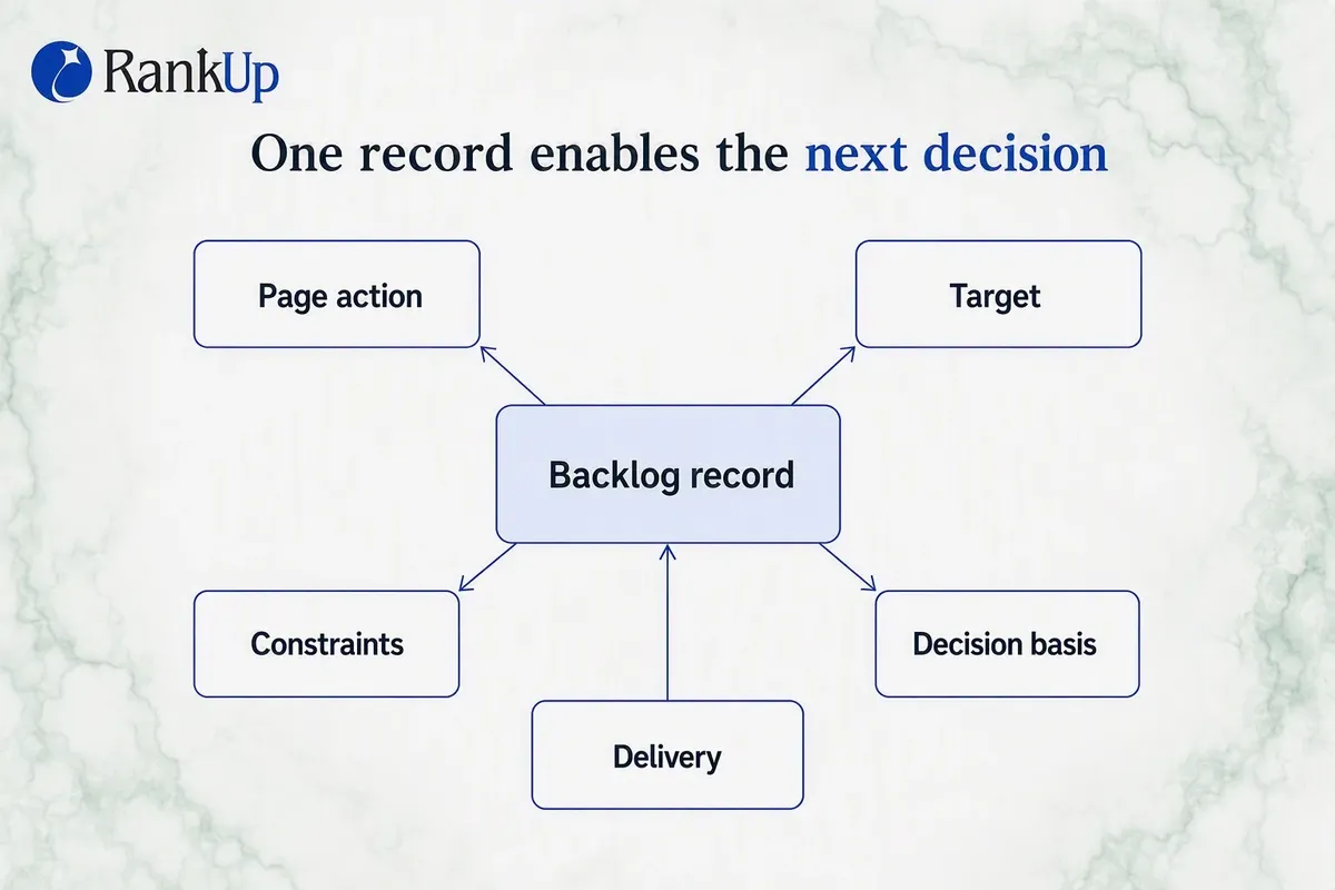 Anatomy of one backlog record with five fields, feeding a queue sequenced in four passes by tier