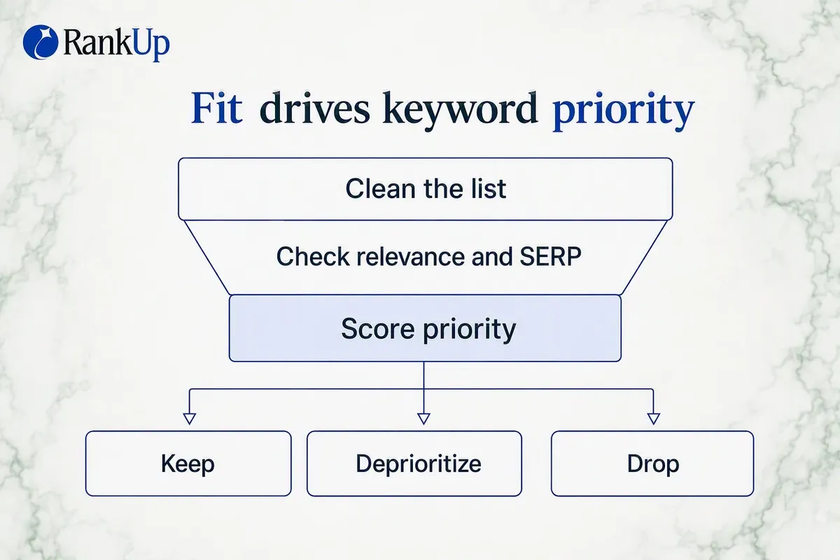 Filtering funnel: clean the list, check relevance and SERP, score priority, then keep, deprioritize or drop