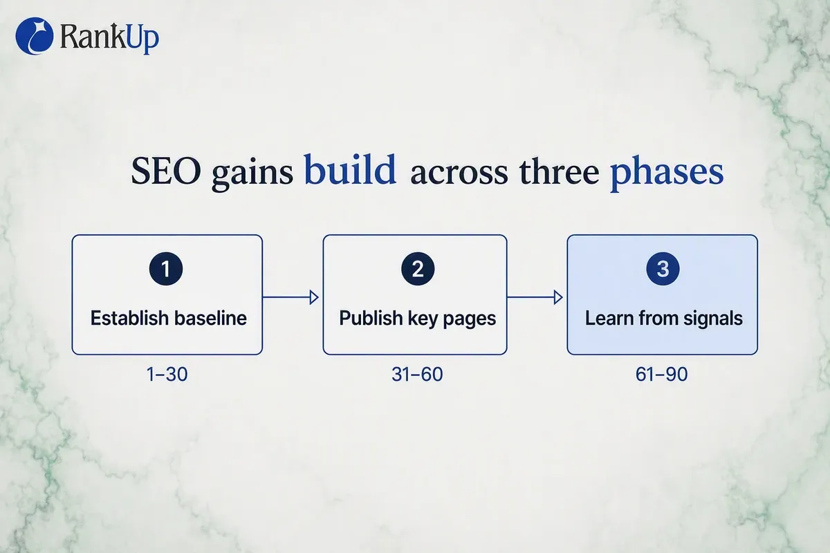 Dark timeline infographic of the three 90-day SEO phases: establish the baseline, publish highest-value pages, learn from...