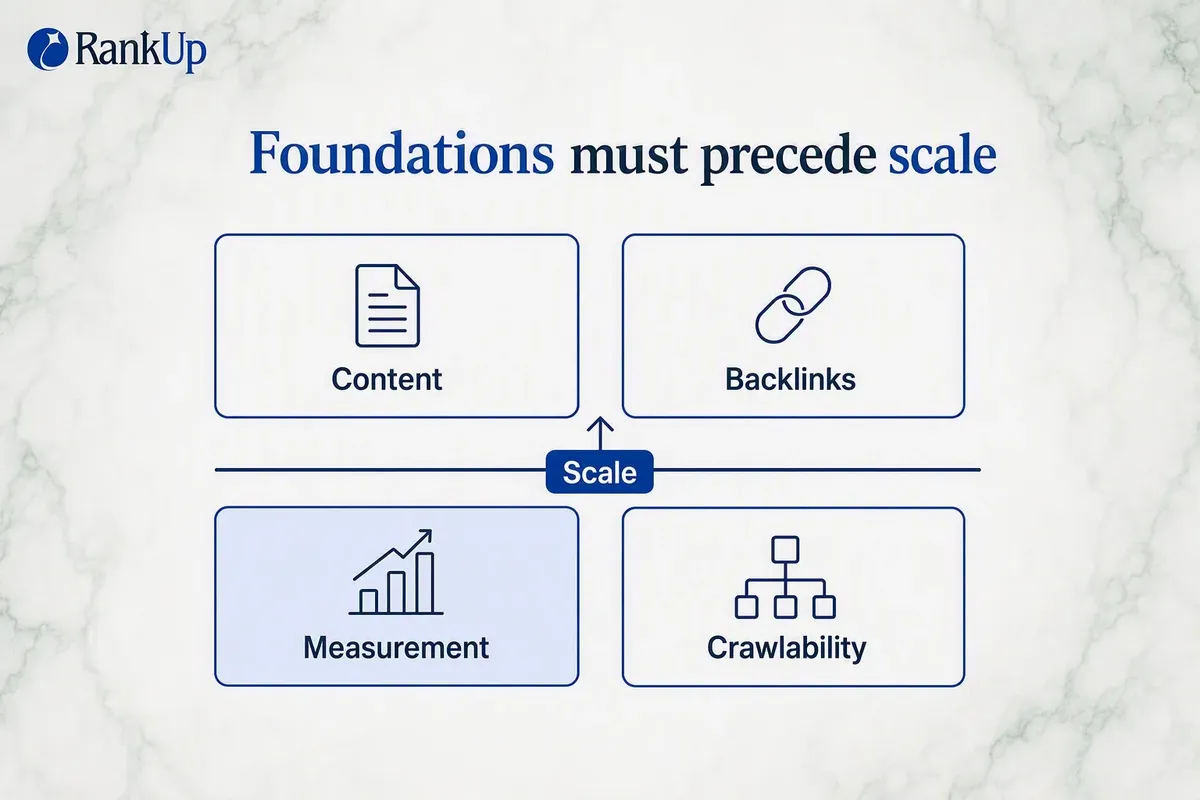 Infographic showing measurement and crawlability as the two foundations that must be in place before scaling content and b...