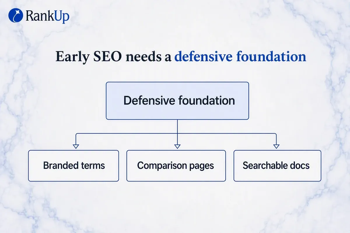 Dark-mode hierarchy diagram showing pre-PMF defensive SEO resting on three equally weighted branches: claiming branded sea...