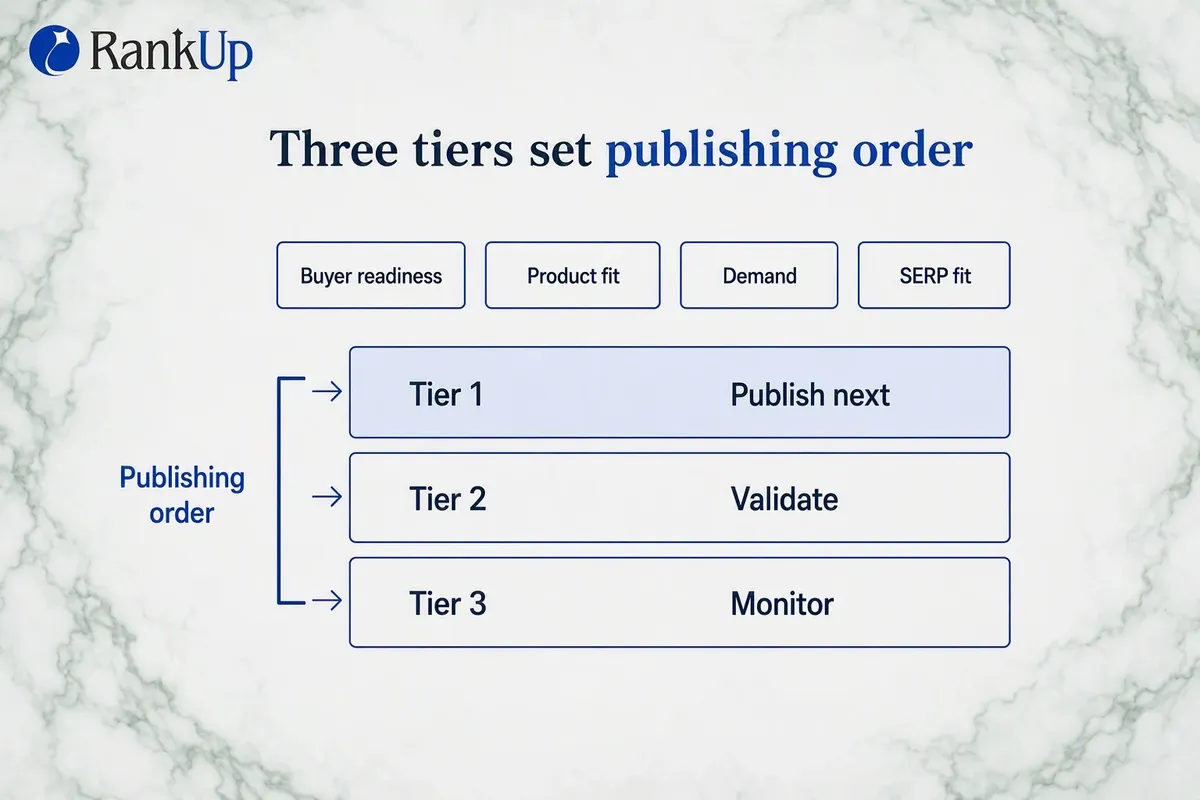 Three-tier model showing tier one publish next, tier two validate and tier three monitor, ranked on four criteria