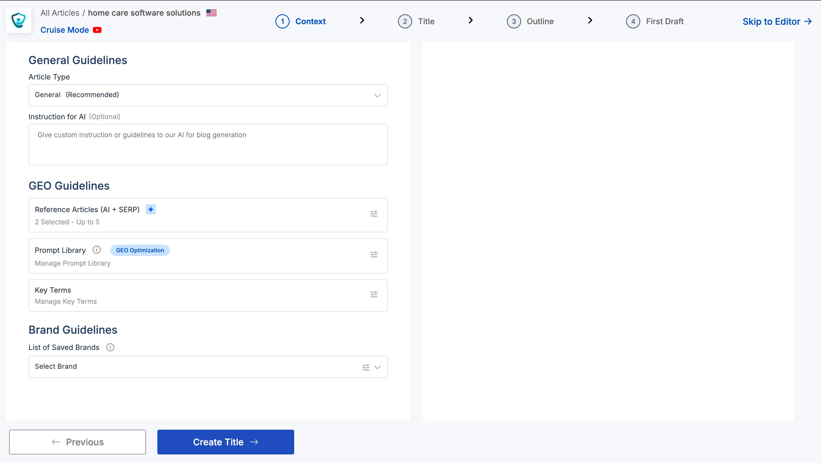 Scalenut Cruise Mode context screen with article instructions, GEO prompts, key terms, and brand guidance