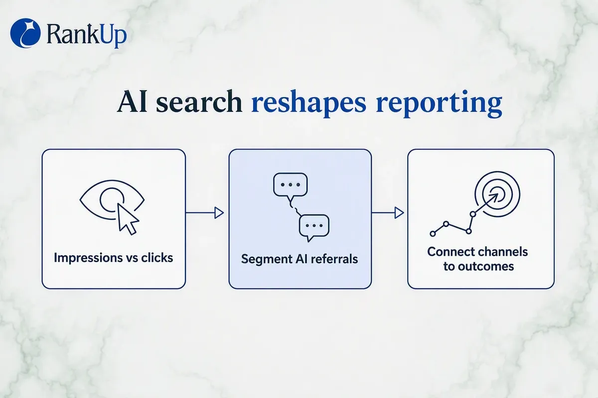 Three reporting changes for AI search: impressions versus clicks, segmenting AI referrals, connecting channels to outcomes