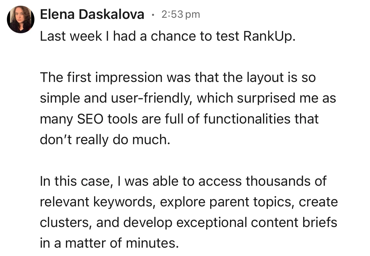 Elena Daskalova's RankUp feedback on keyword research, topic exploration, and clustering