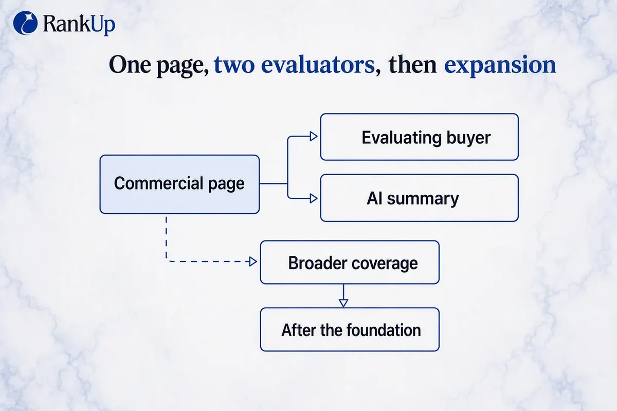 One commercial page feeding both an evaluating buyer and an AI summary, with broader coverage attached as a dimmed seconda...