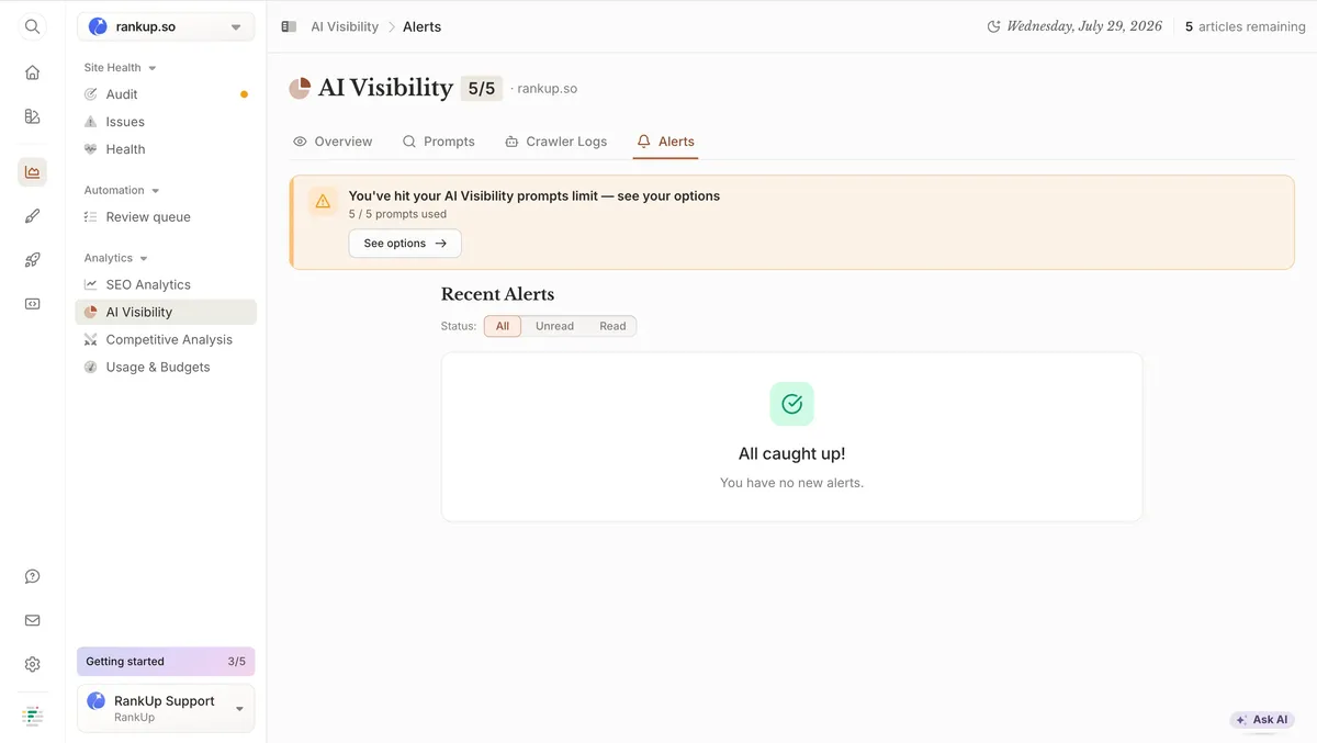 Frase AI Visibility Alerts page warning that the prompts limit is reached, showing 5 of 5 prompts used