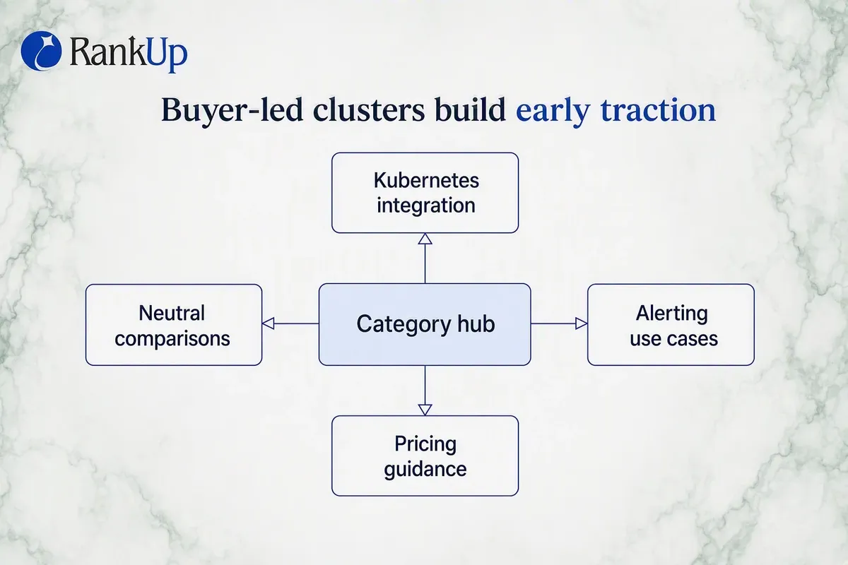Topic cluster map with a category hub linked to integration, use-case, pricing and comparison supporting pages