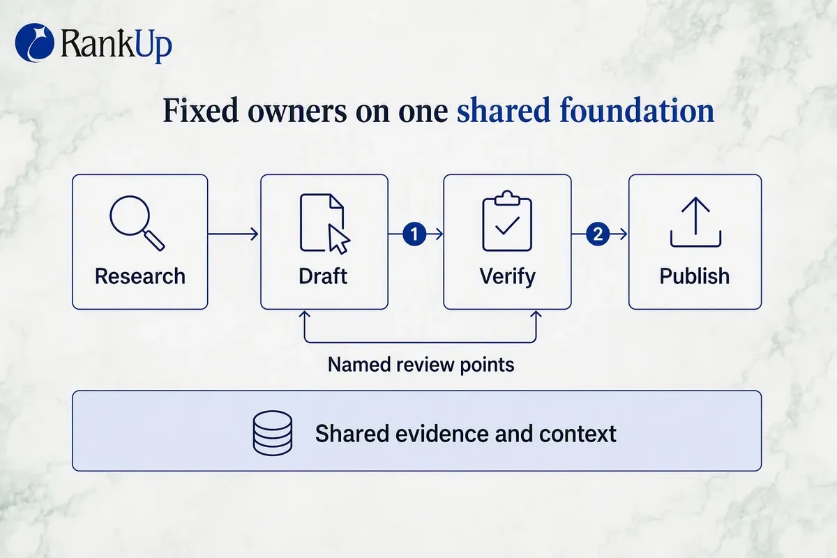 Operating model showing fixed owners across the content workflow with shared evidence beneath and named review points alon...
