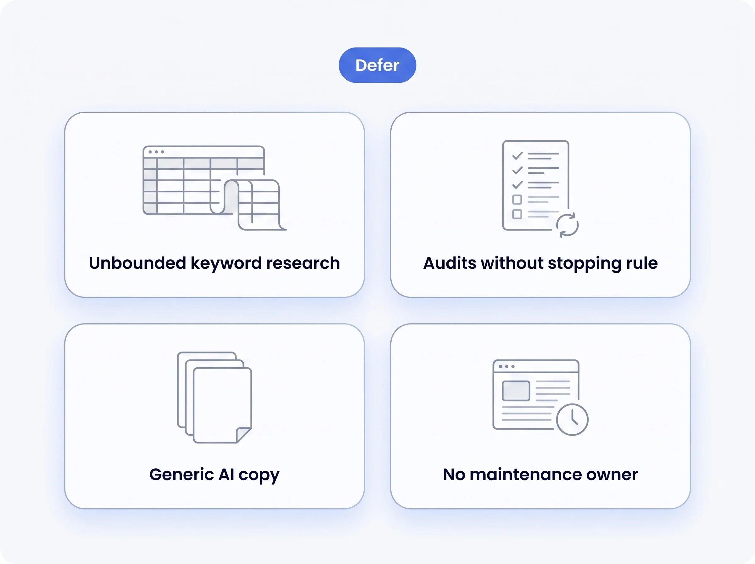Four high-effort SEO traps to defer: unbounded keyword research, endless technical audits, generic AI copy, publishing wit...
