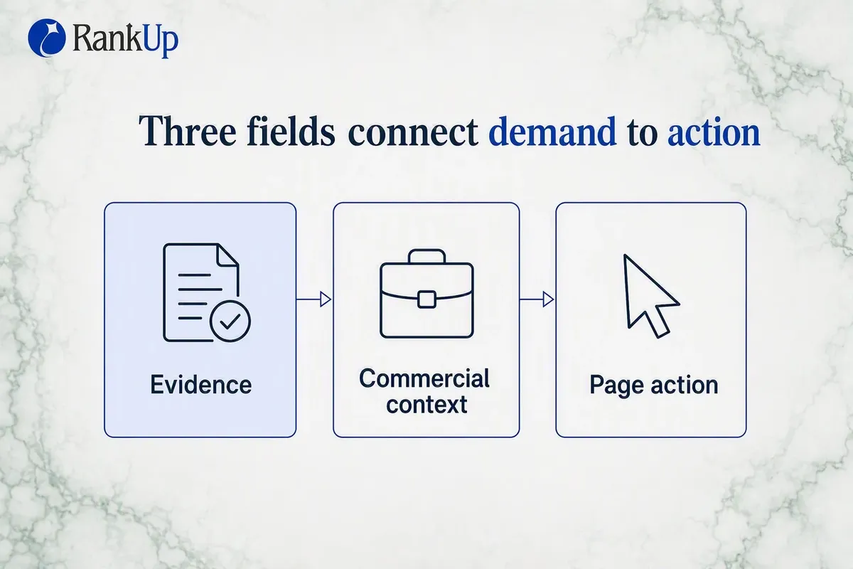 Diagram of three keyword map field groups - evidence, commercial context and page action - with observed evidence separate...
