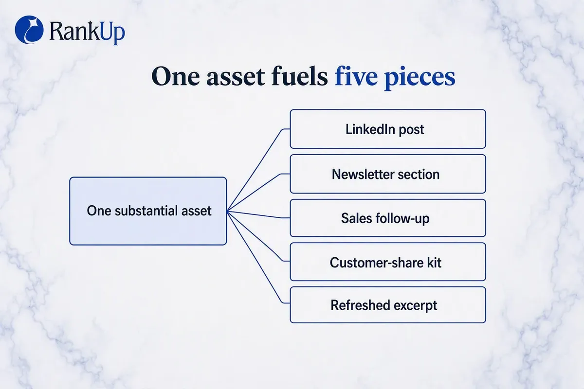 One substantial asset fanning out into five channel-ready pieces: LinkedIn post, newsletter section, sales follow-up, cust...