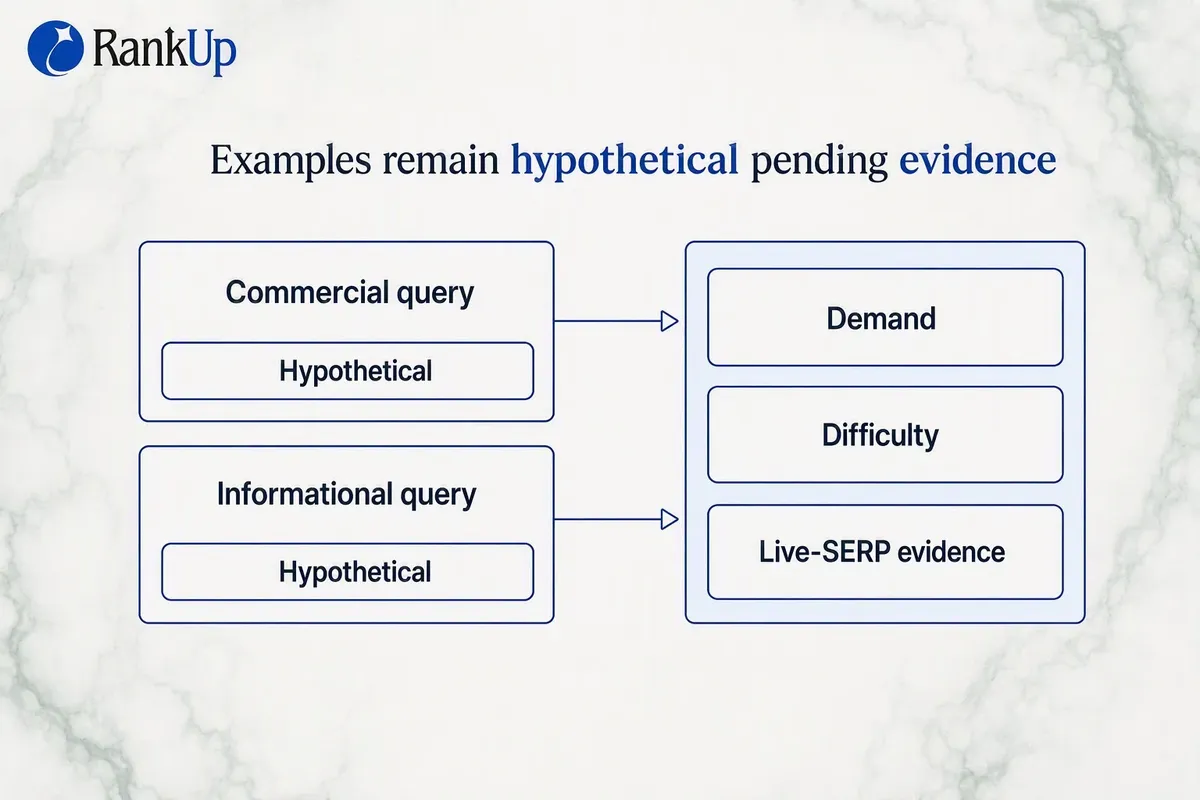 Two provisional keyword map rows, one commercial and one informational, both tagged hypothetical pending live SERP review