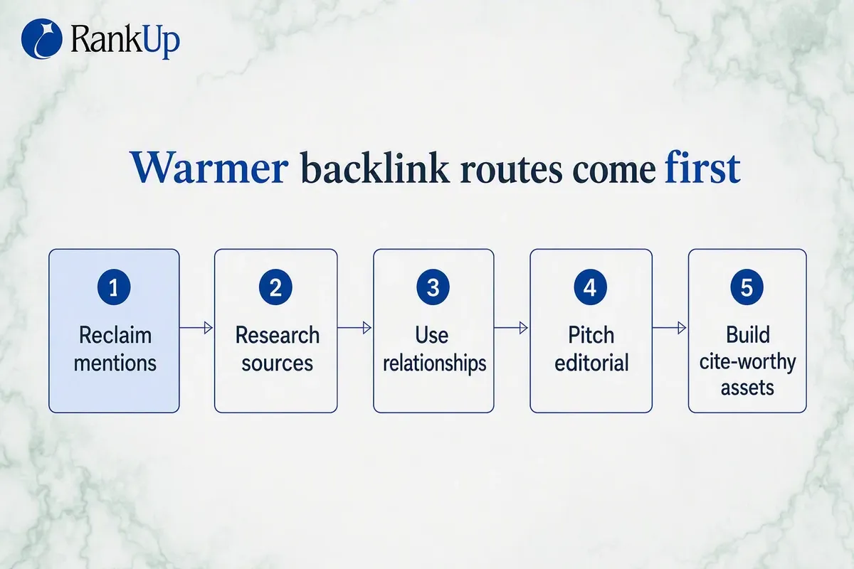 Infographic of five backlink routes ordered from warmest to coldest: reclaim unlinked mentions, research link sources, use...
