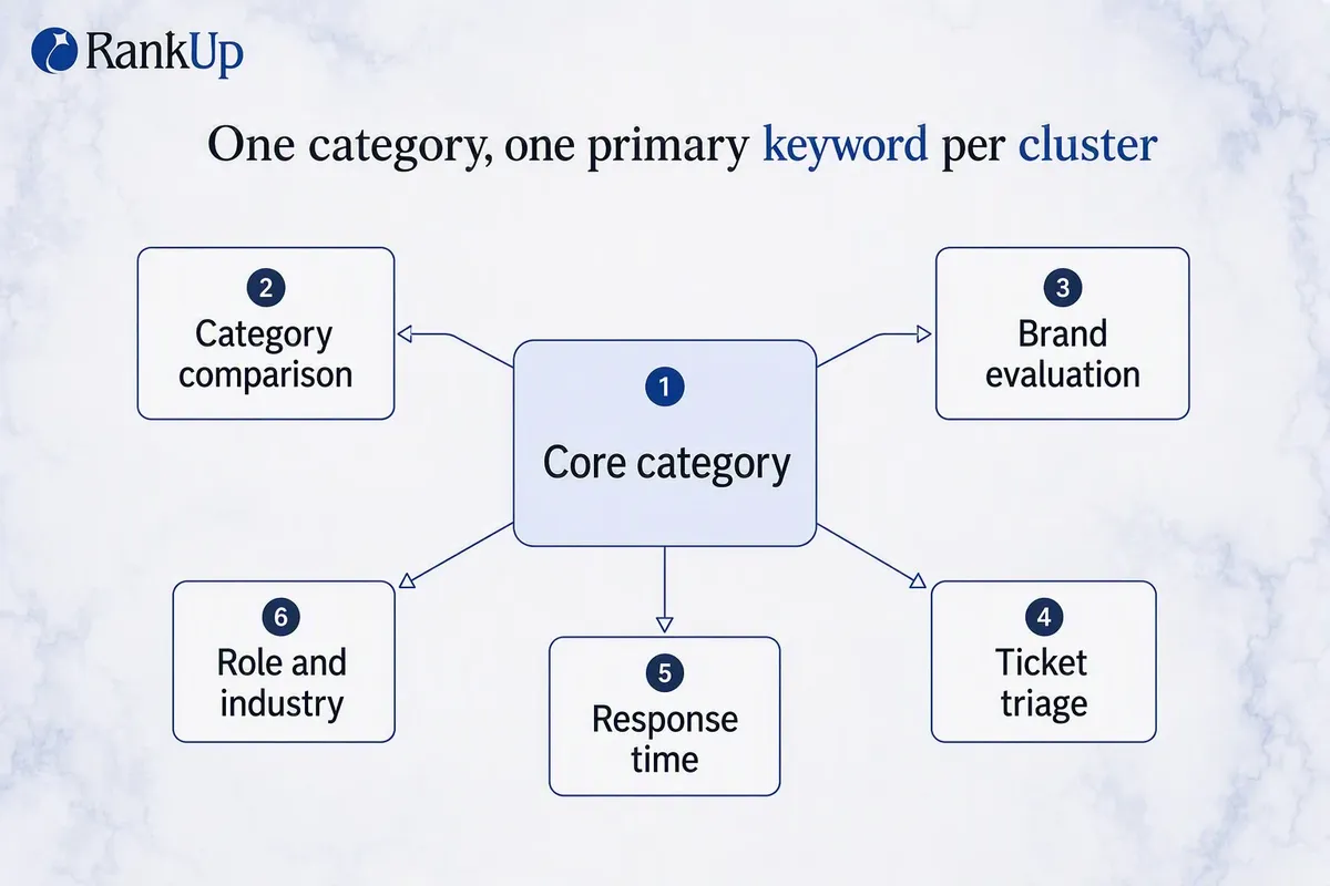 Hub-and-spoke keyword map with one core category at the centre expanding into commercial and job-based clusters, each hold...